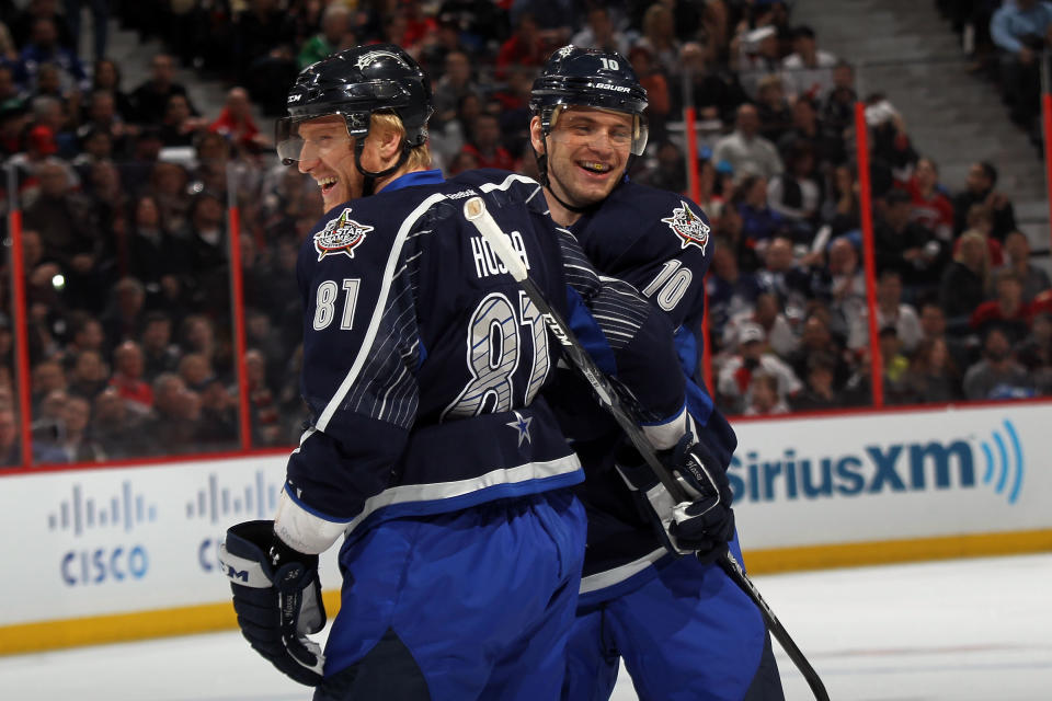 OTTAWA, ON - JANUARY 29: Marian Gaborik #10 of the New York Rangers and Team Chara celebrates with Marian Hossa #81 of the Chicago Blackhawks after he scored his second goal in the first period against Henrik Lundqvist #30 of the New York Rangers and Team Alfredsson during the 2012 Tim Hortons NHL All-Star Game at Scotiabank Place on January 29, 2012 in Ottawa, Ontario, Canada. (Photo by Bruce Bennett/Getty Images)