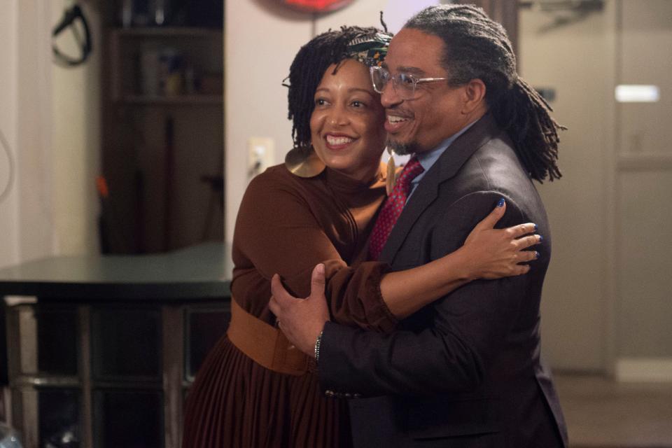 Knox County Commissioner Dasha Lundy is hugged by Damon Rawls after Lundy introduced Rawls at his campaign kickoff celebration at Magnolia Cafe on Nov. 30, 2023 in Knoxville, Tenn. Rawls is running for Lundy's seat; she is not seeking a second term.