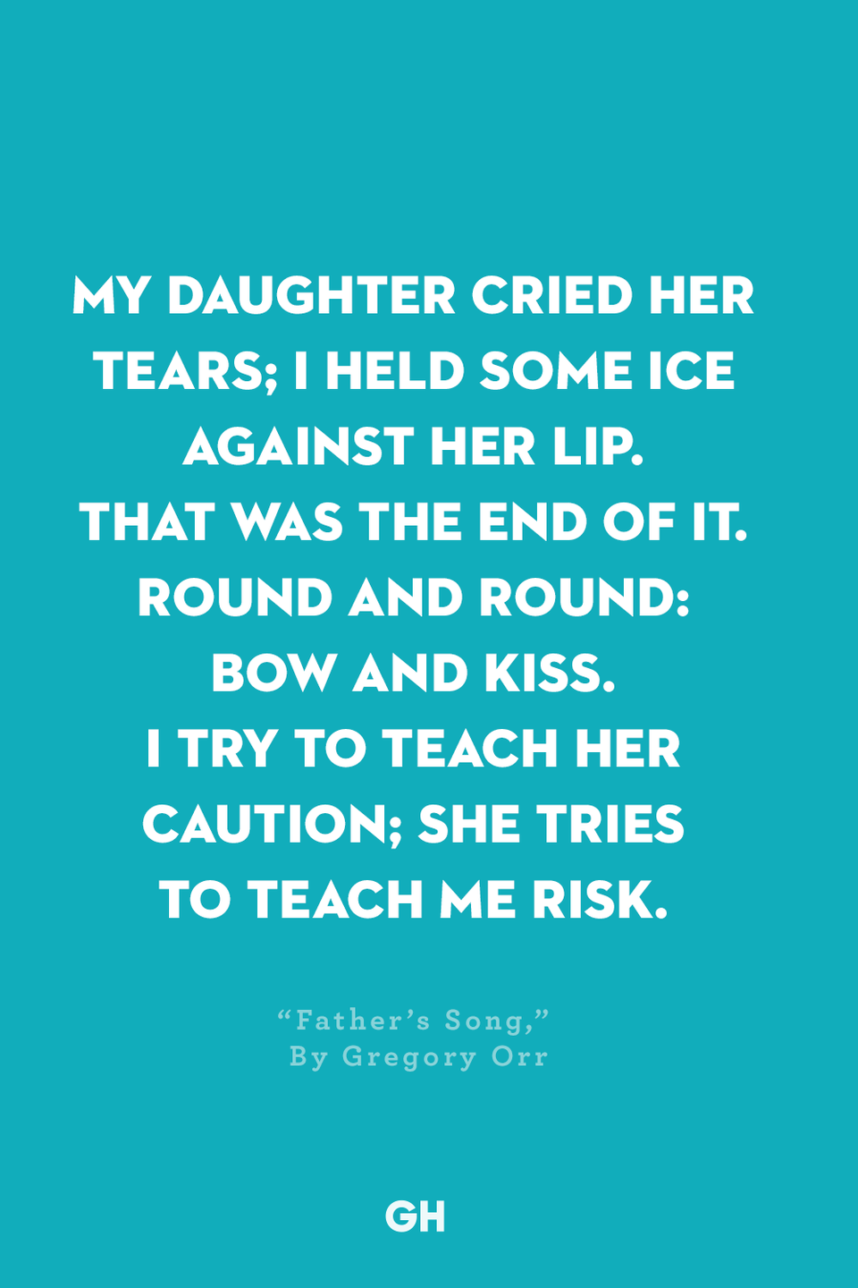 <p>My daughter cried her tears;</p><p>I held some ice against her lip.</p><p>That was the end of it.</p><p>Round and round: bow and kiss.</p><p>I try to teach her caution;</p><p>She tries to teach me risk.</p>