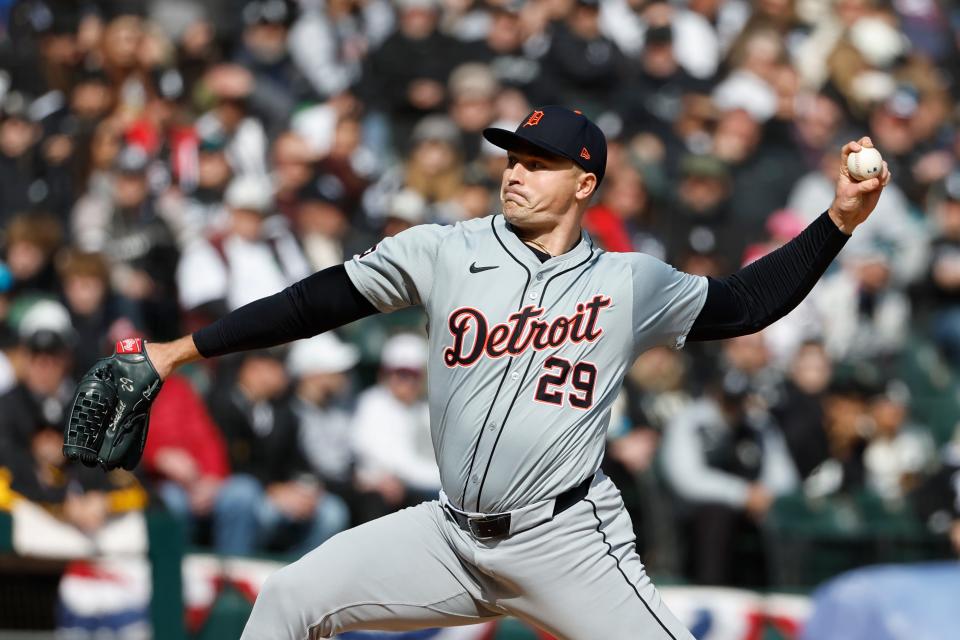 Detroit Tigers starting pitcher Tarik Skubal delivers a pitch during the first inning of the Opening Day game against the Chicago White Sox at Guaranteed Rate Field, Thursday, March 28, 2024 in Chicago.
