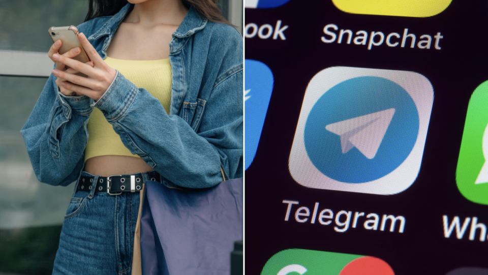Teenage girl with handphone (left) and Telegram app on phone (Photos: Getty Images) 