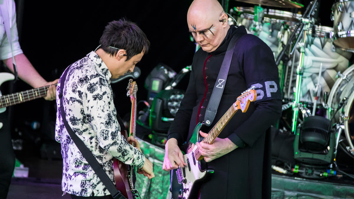  Billy Corgan and Jeff Schroeder of the Smashing Pumpkins performs in concert at the Grona Lund amusement park on May 31, 2019 in Stockholm, Sweden. . 