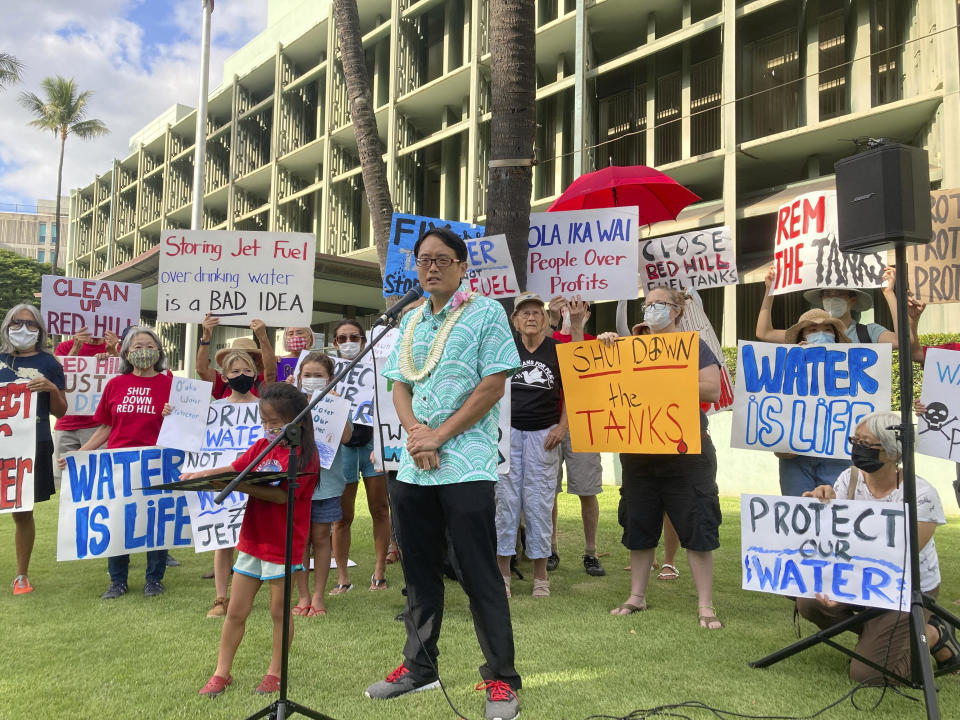 Sierra Club of Hawaii Director Wayne Tanaka speaks at a news conference and rally in Honolulu, on Wednesday, Nov. 24, 2021. Citing threats to Honolulu's drinking water, environmental groups called on President Joe Biden and military leaders to shut down tanks that provide an important fuel reserve for the U.S. forces in the Pacific. / Credit: Audrey McAvoy / AP