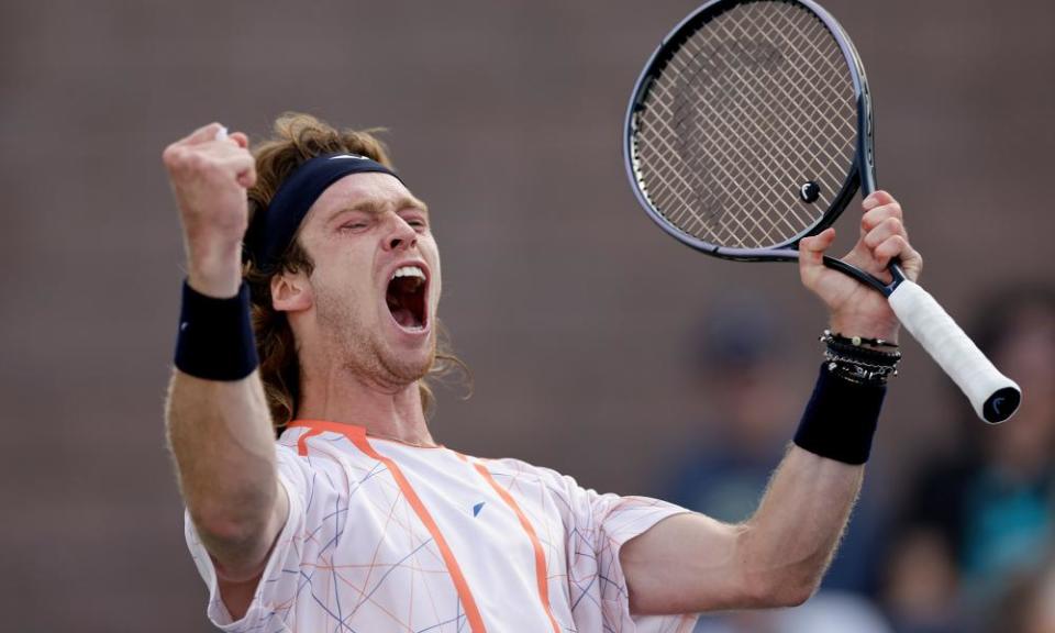 Andrey Rublev, of Russia, reacts after defeating France’s Arthur Rinderknech