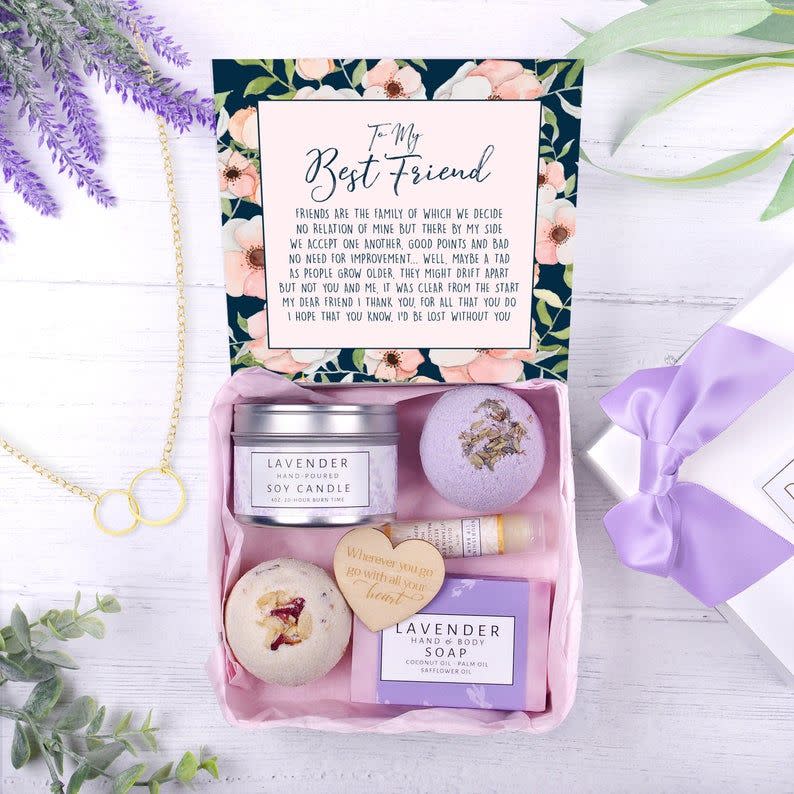 <p><strong>DearAvaGifts</strong></p><p>etsy.com</p><p><strong>$39.99</strong></p><p>Talk about a sweet gesture. This relaxing, spa-themed gift box will bring them a little peace after a hard week.</p>