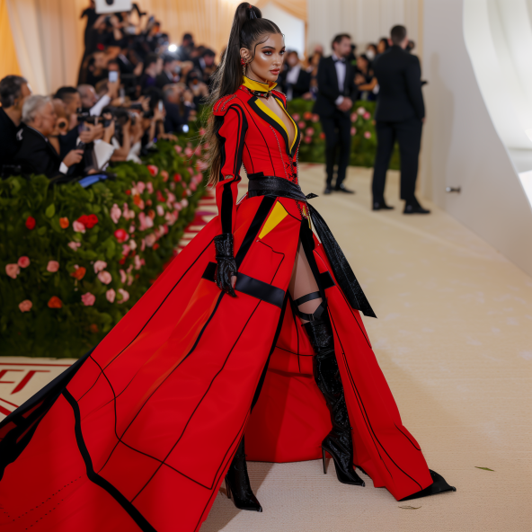 Woman in a red and yellow themed outfit with a voluminous skirt and thigh-high slit, standing at an event with cameras in the background