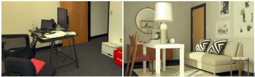 An office space transformed. The generic room on the left gets a dramatic face lift with Modsy, a 3D home decoration service.