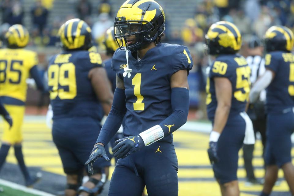 Michigan Wolverines defensive back Amorion Walker (1) on the field during Michigan's exhibition game on Saturday, April 1, 2023, at Michigan Stadium in Ann Arbor.