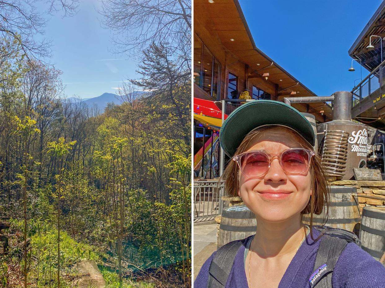 Left image: a mountain landscape with trees in the foreground and blue skies in the background. Right image: The author wearing pink sunglasses and a green cap smiles in front of a restaurant with blue skies in the background.