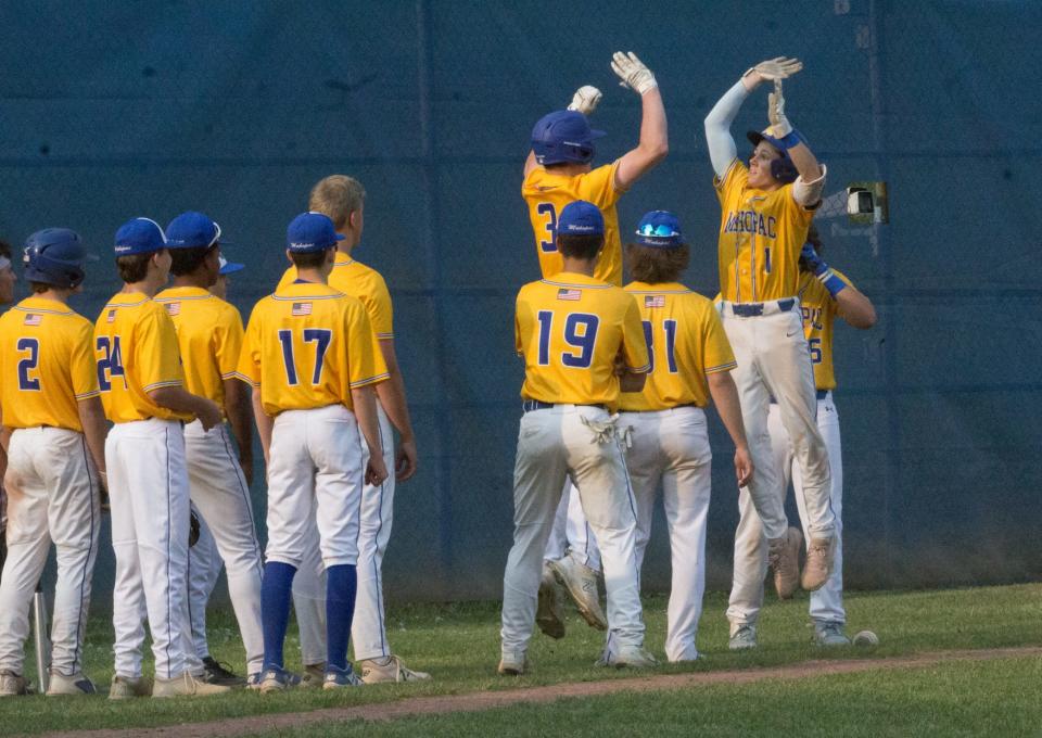 Mahopac celebrates Tyler Castrataro's (1) solo home run. Arlington defeated Mahopac in the regular season finale on May 10, 2023.