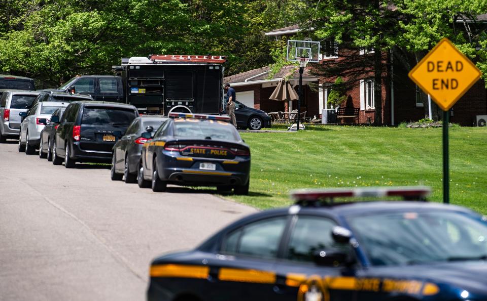 New York State Police block access to Amber Hill Road in Conklin, N.Y. on Sunday, May 15, 2022. Payton Gendron, the suspected gunman in Saturday’s mass shooting in Buffalo, resided on Amber Hill Road.