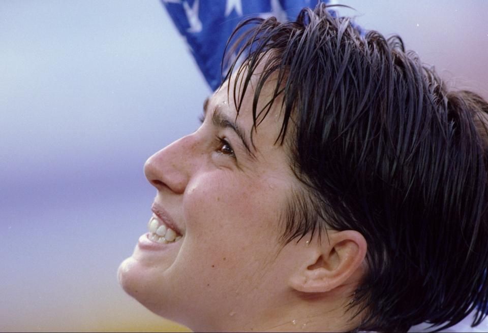 30 Jul 1992: Janet Evans celebrates during the Olympic Games in Barcelona, Spain. Evans won the 800 meter freestyle. (Bob Martin/Allsport)