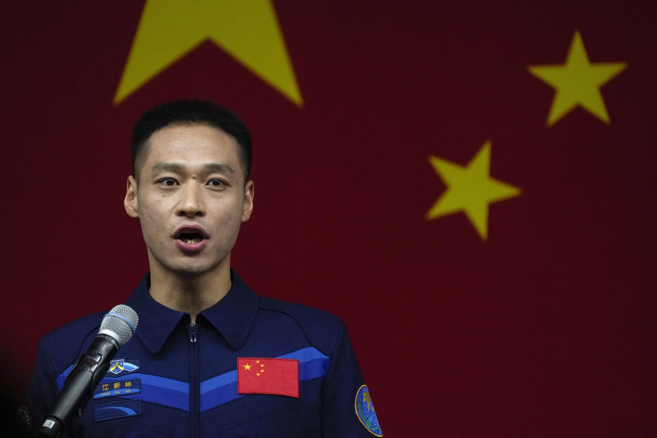 Jiang Xinlin, a Chinese astronaut for the upcoming Shenzhou-17 mission speaks during a meeting with the press at the Jiuquan Satellite Launch Center in northwest China, Wednesday, Oct. 25, 2023. (AP Photo/Andy Wong)