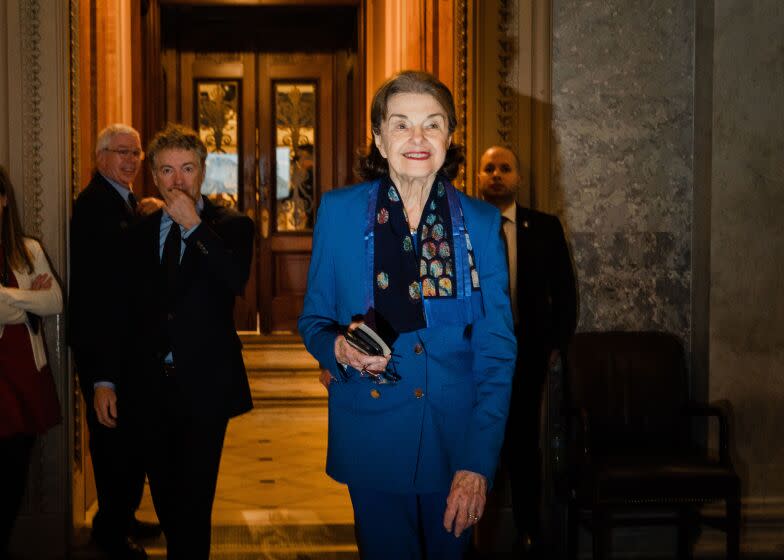 WASHINGTON, DC - FEBRUARY 14: Sen. Dianne Feinstein (D-CA) exits the Senate Chamber following a vote at the U.S. Capitol on Tuesday, Feb. 14, 2023 in Washington, DC. Feinstein, California's longest-serving senator, announced she will not run for reelection next year, marking the end to one of the state's most storied political careers. She plans to remain in office through the end of her term.