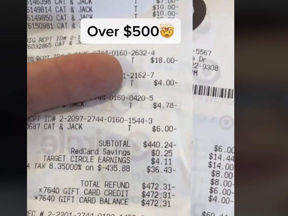 Receipts showing Cat & Jack's value return at Target