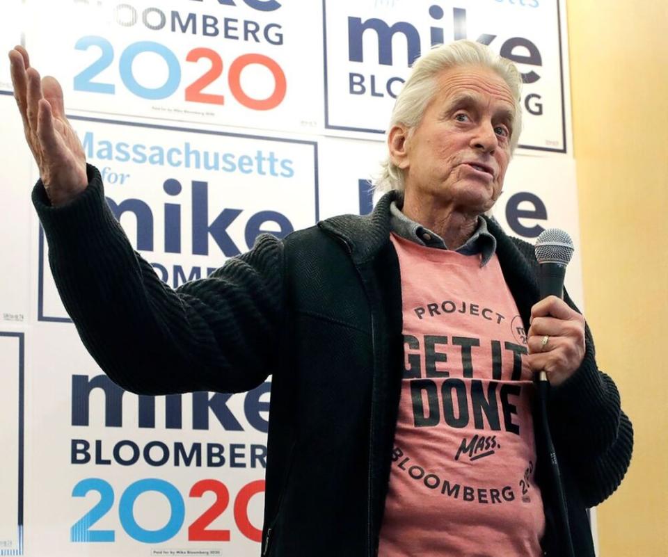 Michael Douglas at a Mike Bloomberg campaign office, in Quincy, Massachusetts, on Sunday | Steven Senne/AP/Shutterstock