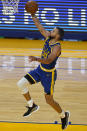 Golden State Warriors guard Stephen Curry (30) shoots against the Utah Jazz during the second half of an NBA basketball game in San Francisco, Monday, May 10, 2021. (AP Photo/Jeff Chiu)