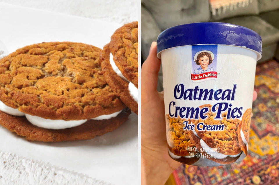 oatmeal creme pies next to a pint of the ice cream