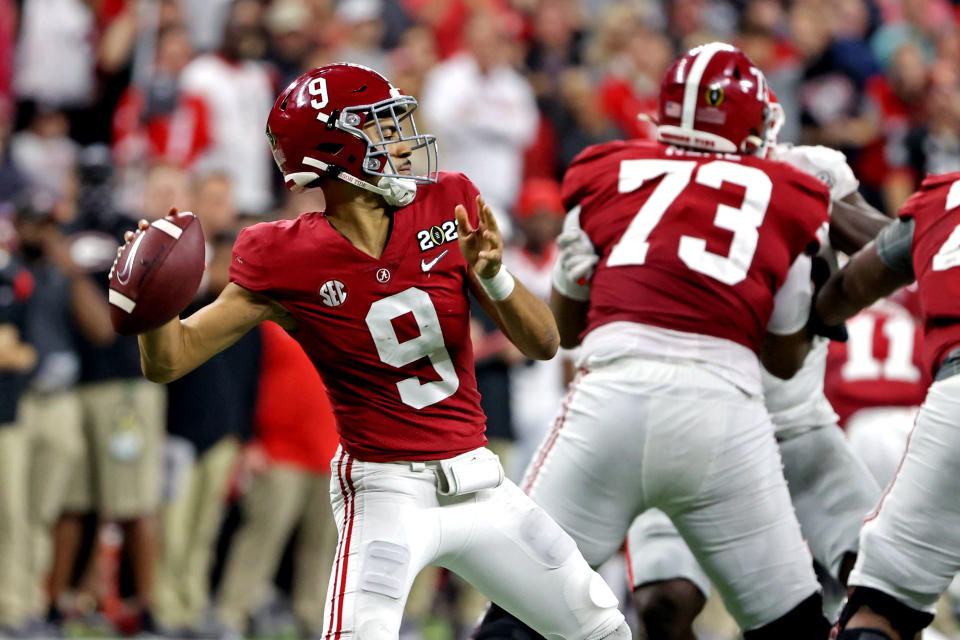 Jan 10, 2022; Indianapolis, IN; Alabama Crimson Tide quarterback Bryce Young (9) throws a pass during the second half against the Georgia Bulldogs in the 2022 CFP college football national championship game at Lucas Oil Stadium. Trevor Ruszkowski-USA TODAY Sports