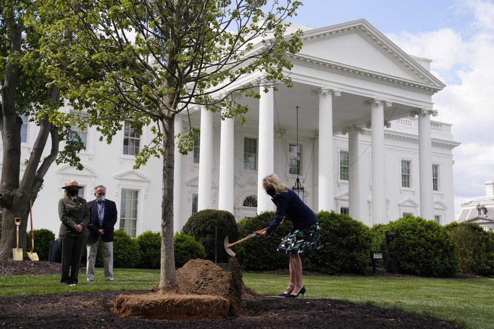 First lady Jill Biden participates in an Arbor Day tree planting ceremony at the White House, Friday, April 30, 2021, in Washington. (AP Photo/Evan Vucci)