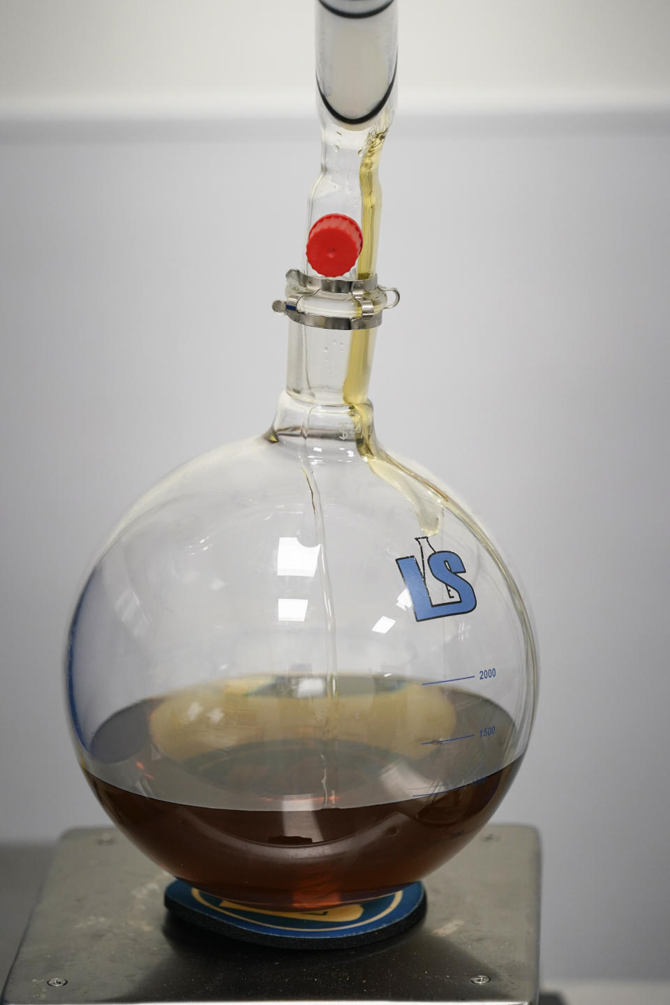 Cannabis oil flows into a flask at the Green Leaf Medical Cannabis plant in Richmond, Va., Thursday, June 17, 2021. The date for legalizing marijuana possession is drawing near in Virginia, and advocacy groups have been flooded with calls from people trying to understand exactly what becomes legal in July. (AP Photo/Steve Helber)