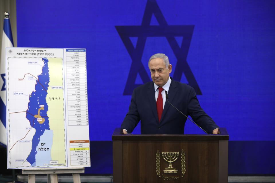Israeli Prime Minister Benjamin Netanyahu, speaks during a press conference in Tel Aviv, Israel, Tuesday, Sept. 10, 2019. Netanyahu is vowing to begin annexing West Bank settlements if he wins national elections next week. (AP Photo/Oded Balilty)