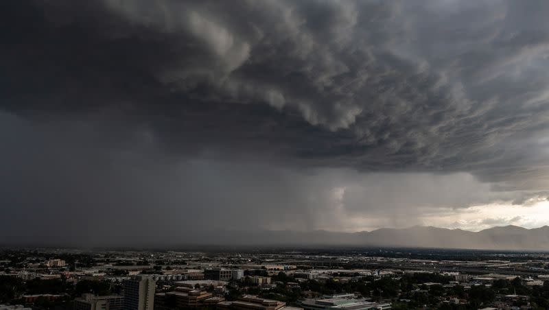A line of storms rolled through the Salt Lake Valley on Saturday. Scattered showers and thunderstorms are expected Monday, but remnants of Hurricane Hilary are moving mostly west of Utah.