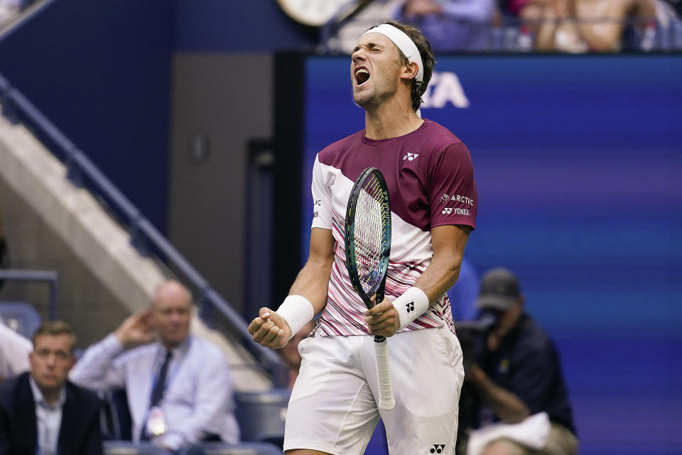 Casper Ruud, of Norway, reacts after defeating Karen Khachanov, of Russia, during the semifinals of the U.S. Open tennis championships, Friday, Sept. 9, 2022, in New York. (AP Photo/Charles Krupa)