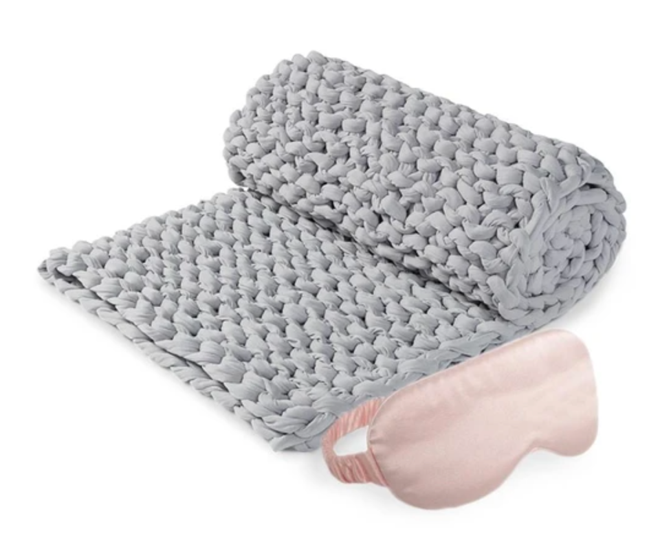 grey handwoven weighted blanket and silk eye mask 