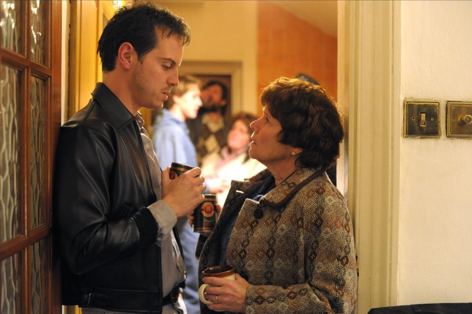 Imelda Staunton and Andrew Scott talk in a doorway