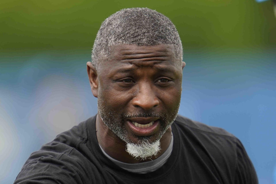 FILE - Detroit Lions defensive coordinator Aaron Glenn talks during an NFL football practice in Allen Park, Mich., Thursday, June 10, 2021. For 15 years, Aaron Glenn was an outstanding NFL cornerback, a team leader, and a coach in the making. He believes he's ready for a head-coaching gig. (AP Photo/Paul Sancya, File)