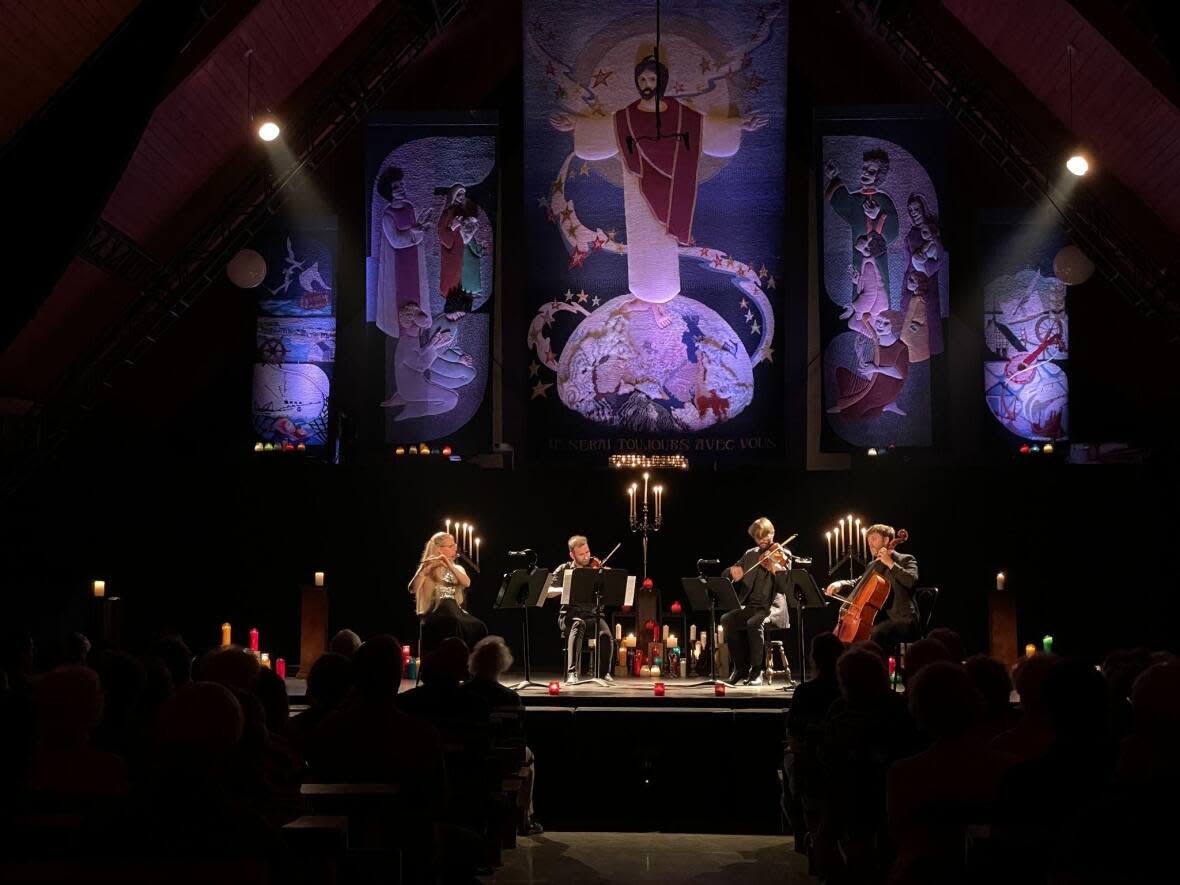 An elevated stage has been constructed at the front of Notre-Dame-de-la-Visitation church, repurposing the former place of worship as an arts-focused community space. (Submitted by Jeannot Painchaud - image credit)