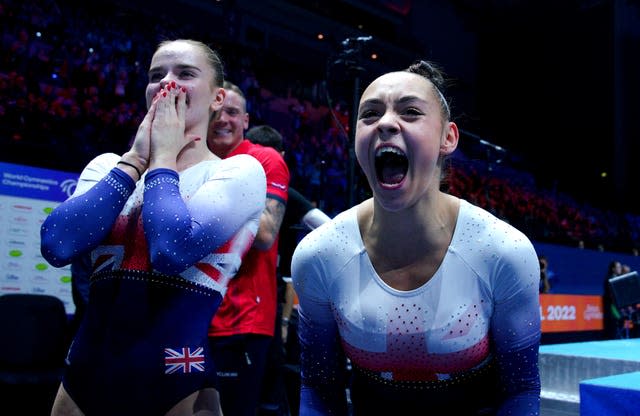 Britain’s Jennifer Gadirova (right) celebrates alongside Alice Kinsella while her sister Jessica Gadirova competes