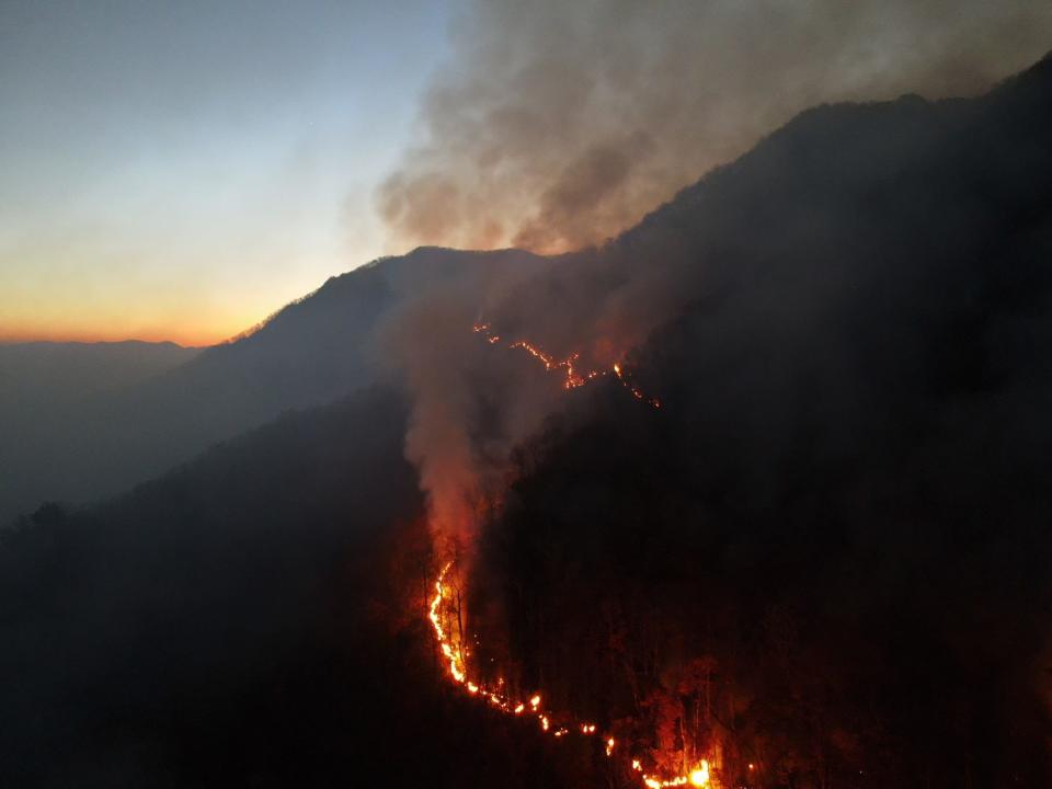 A Nov. 4, 2023 photo of the wildfire that continued to spread across Collett Ridge, according to the U.S. Forest Service and North Carolina Forest Service.