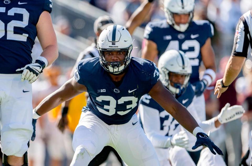 Penn state defensive end Dani Dennis-Sutton celebrates a sack during the game against Central Michigan on Saturday, Sept. 24, 2022.