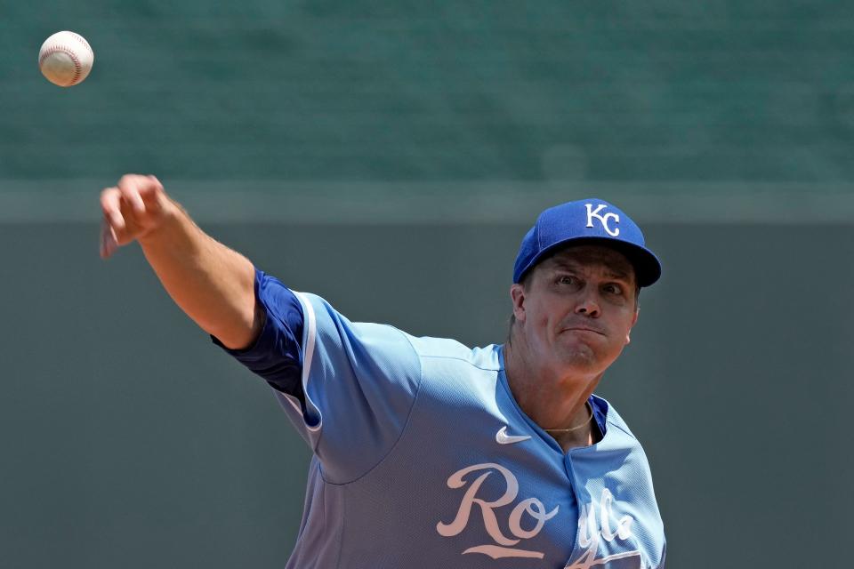 Kansas City Royals starting pitcher Zack Greinke throws during the first inning of a baseball game against the Detroit Tigers at Kauffman Stadium in Kansas City, Missouri, on Thursday, July 20, 2023.