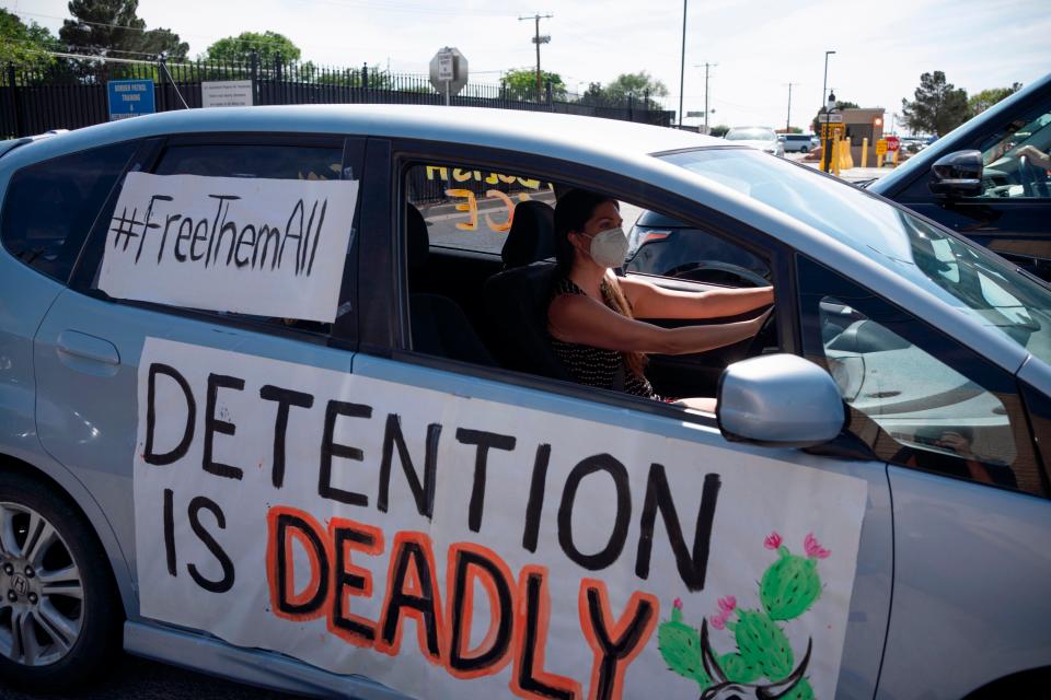 Protesters drive in a caravan around Immigration and Customs Enforcement El Paso Processing Center to demand the release of ICE detainees due to safety concerns amidst the Covid-19 outbreak on 16 April, 2020 in El Paso, Texas.Agence France-Presse/AFP via Get