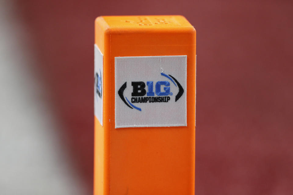 INDIANAPOLIS, IN - DECEMBER 07: The B1G Championship Logo on the goal line pylon during the Big 10 Conference Championship game between the Wisconsin Badgers and Ohio State Buckeyes on December 7, 2019, at Lucas Oil Stadium in Indianapolis, IN.(Photo by Jeffrey Brown/Icon Sportswire via Getty Images)