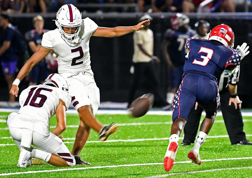 Manatee's tailback Ty'Ron Jackson (#3) blocks Braden Rivers' extra point attempt. Manatee Hurricanes stay undefeated with a 28-20 victory over the Braden River Pirates on Friday, Sept. 16, 2023, at Joe Kinnan Field at Hawkins Stadium in Bradenton.