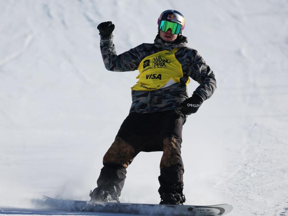 Canada's Sébastien Toutant finished fifth in the snowboard slopestyle World Cup competition in Mammoth Mountain, Calif., on Saturday to maintain his lead in the slopestyle standings. (Maddie Meyer/Getty Images - image credit)