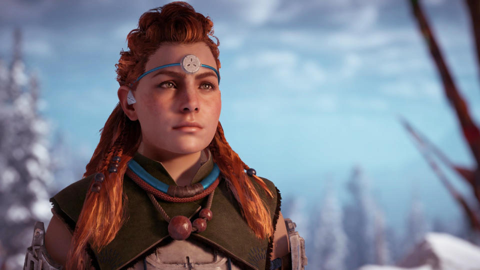 Aloy against a blue sky in Horizon Zero Dawn