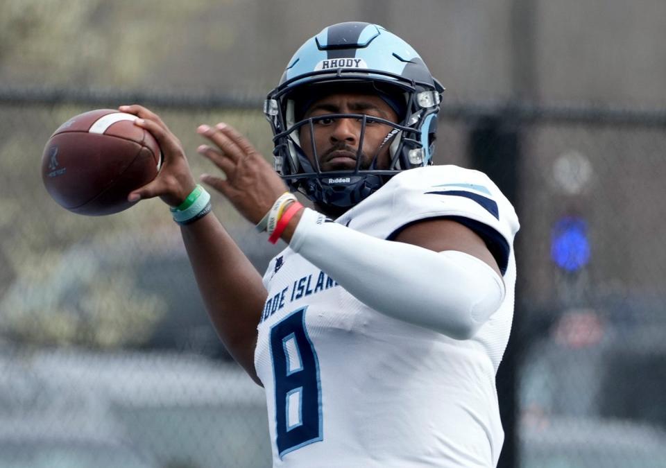 URI's Kasim Hill was 24 of 40 for a career-high 408 yards passing with four touchdowns, two interceptions, and a rushing TD Thursday night.