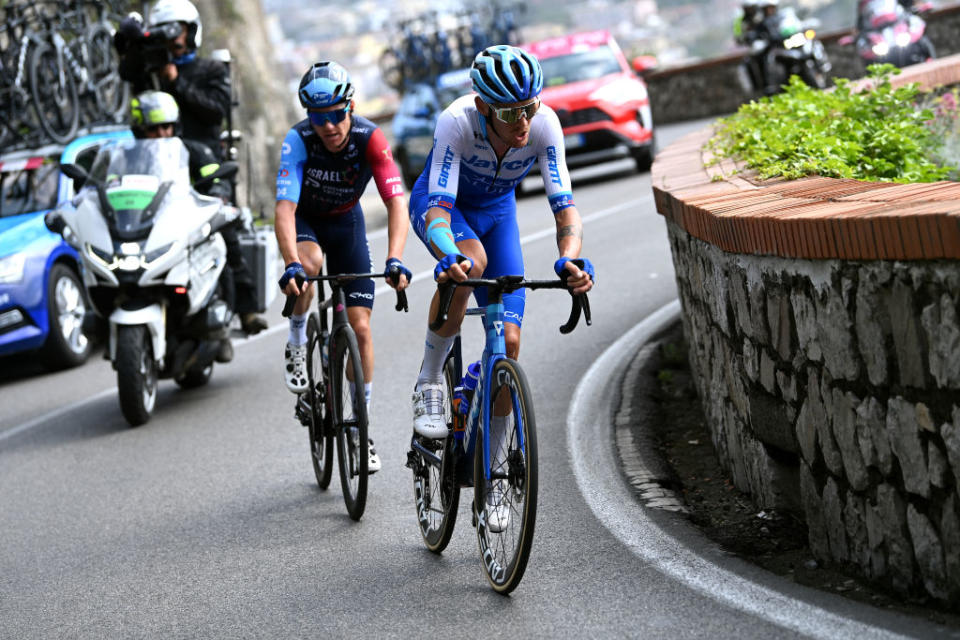 NAPLES ITALY  MAY 11 Simon Clarke of Australia and Team Israel  Premier Tech and Alessandro De Marchi of Italy and Team Jayco AlUla compete in the breakaway during the 106th Giro dItalia 2023 Stage 6 a 162km stage from Naples to Naples  UCIWT  on May 11 2023 in Naples Italy Photo by Tim de WaeleGetty Images