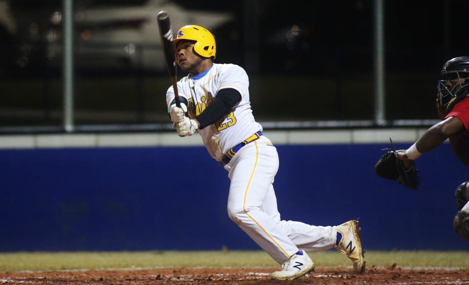 Rickards junior Will Brown watches a double as Rickards' baseball team walked off to beat Hamilton County 9-8 in the Raiders' first on-campus baseball game, Feb. 21, 2020.