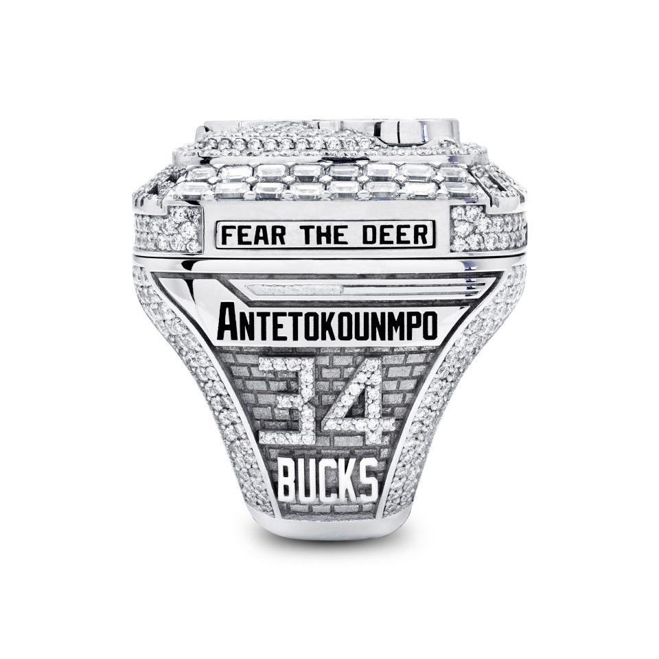 A view of the Milwaukee Bucks championship ring, with a design that mimics the look of Fiserv Forum facing the plaza on the arena's east side.
