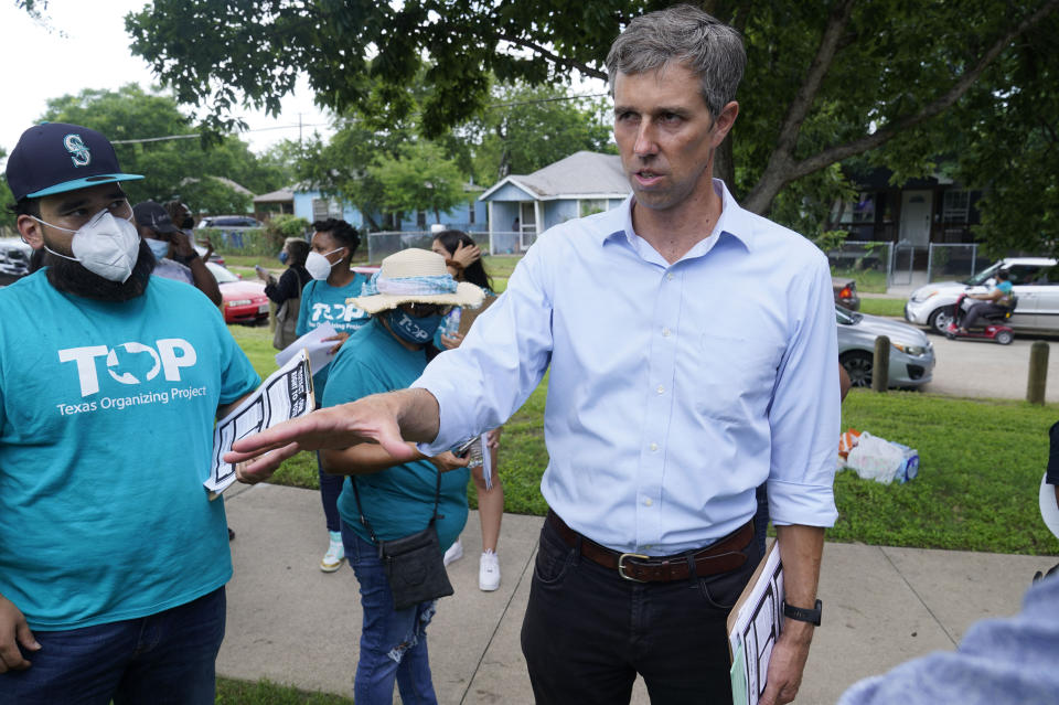 Beto O'Rourke speaks to Texas Organizing Project volunteers preparing to canvass a neighborhood in West Dallas Wednesday, June 9, 2021. The former congressman and senatorial candidate is driving an effort to gather voter support to stop Texas' SB7 voting legislation. As politicians from Austin to Washington battle over how to run elections, many voters are disconnected from the fight. While both sides have a passionate base of voters intensely dialed in on the issue, a disengaged middle is baffled at the attention. (AP Photo/LM Otero)