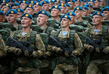 Servicemen march during Ukraine's Independence Day military parade in central Kiev REUTERS/Valentyn Ogirenko