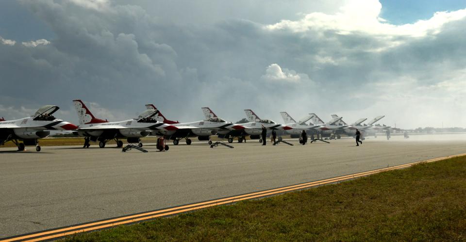 Eight U.S. Air Force Thunderbirds line up upon landing Thursday at Patrick Space Force Base ahead of the Cocoa Beach Air Show.