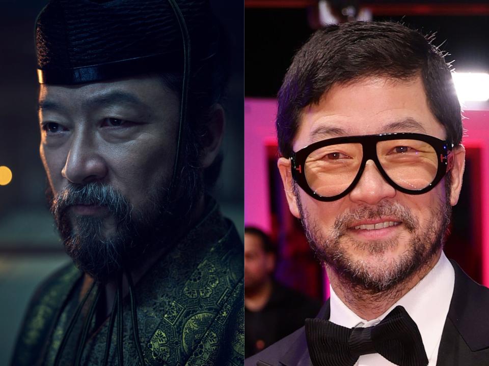 left: kashigi yabushige wearing edo-era japanese robes and an eboshi hat, looking serious with well trimmed facial hair; right: tadanobu asno at a film premiere wearing thick glasses and a bowtie, smiling
