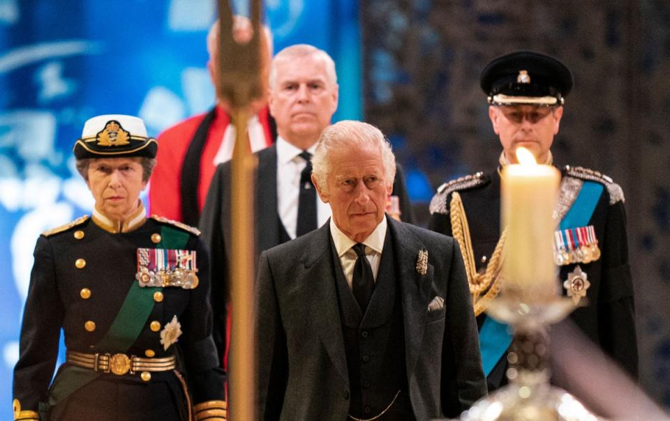 King Charles III (front C), Princess Anne, Princess Royal (L), Prince Andrew, Duke of York (rear C) and Prince Edward, the Duke of Edinburgh (R), arrive to attend a Vigil at St Giles’ Cathedral, in Edinburgh, on September 12, 2022 (POOL/AFP via Getty Images)